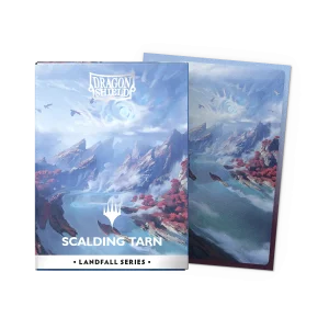Caja de 100 fundas Dragon Shield Landfall Series con la ilustración de Scalding Tarn